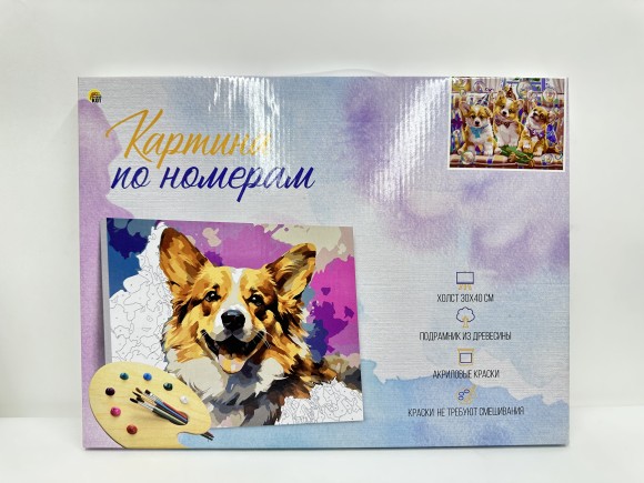 Холст с красками 30х40 см по номерам (в коробке) (20 цв.) КОРГИ НА ПРАЗДНИКЕ (Арт. ХК-6824)
